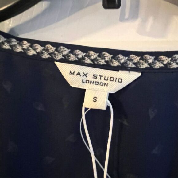 Max Studio Women's Midi Dress S Blue White Pattern V-Neck Long Sleeve - Picture 5 of 10